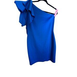 Badgley Mischka Dress 14 Blue One Shoulder Neutral Midi Bodycon 80s Wedding